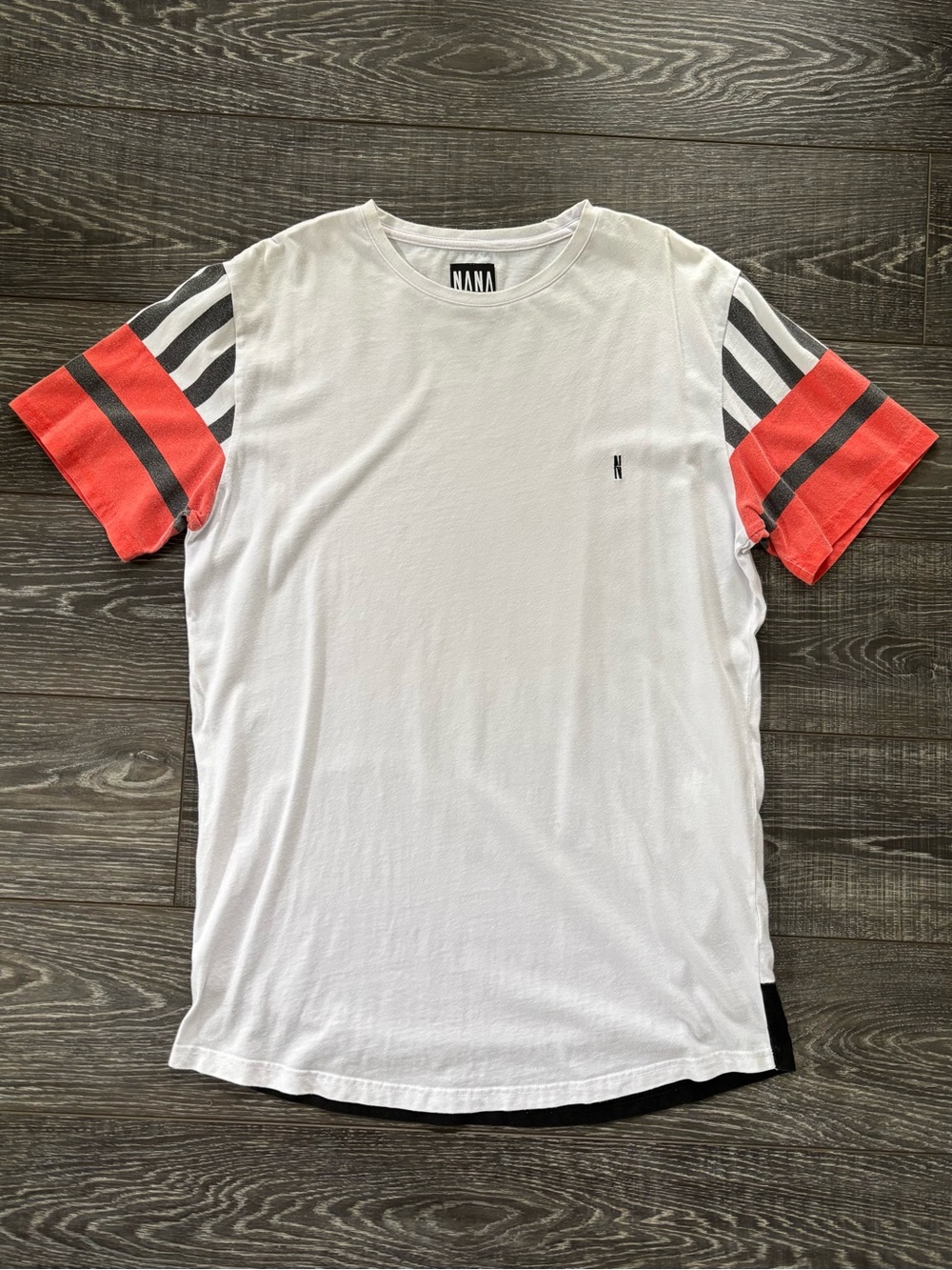 Nana White Tee with Orange and Black Striped Sleeves